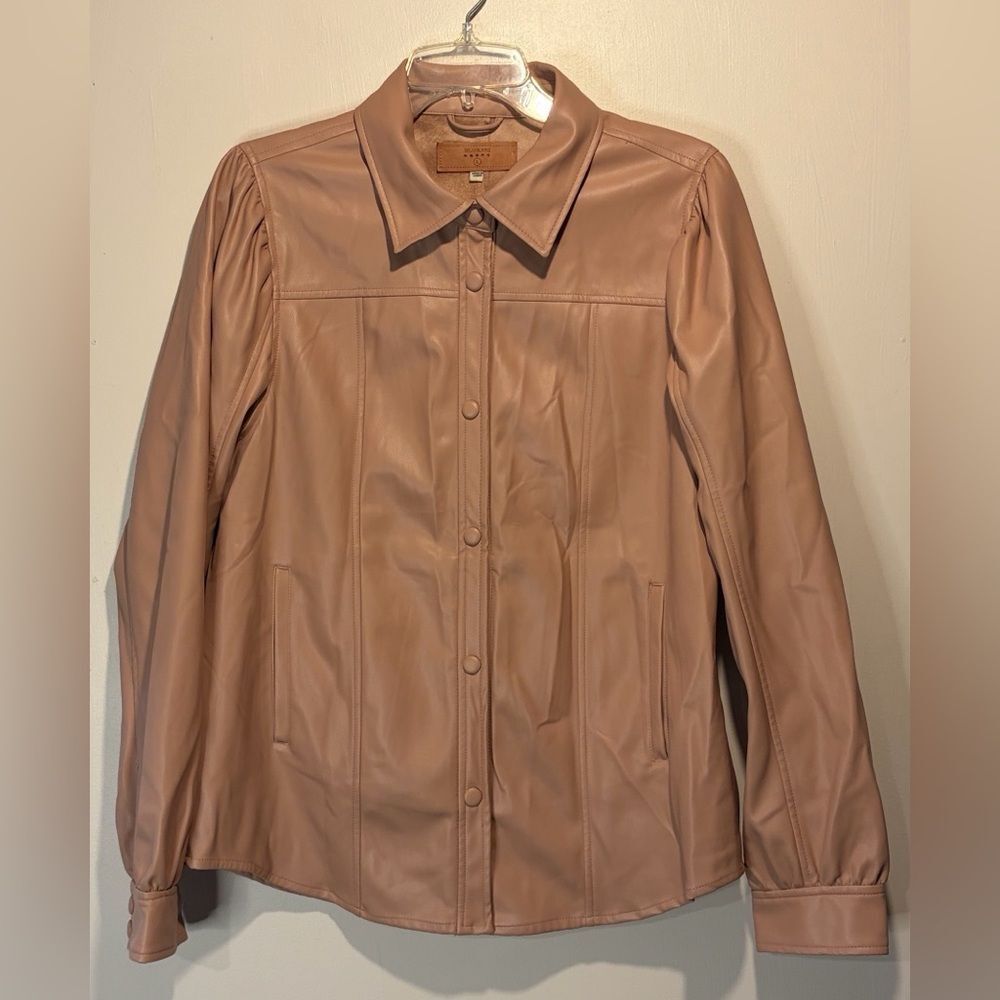 Blank NYC Faux Leather Jacket Full Button Down Collar Pockets Blush Pink Size L